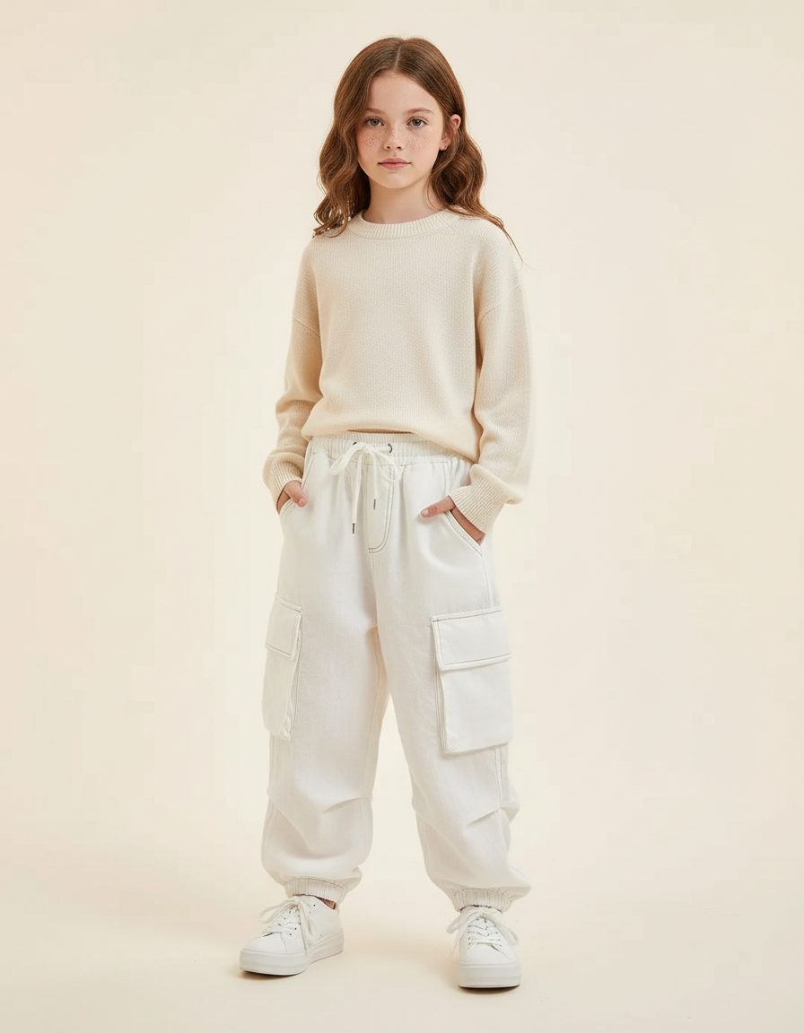 Pantalon Baggy Blanc Cargo Ample Coton Enfant