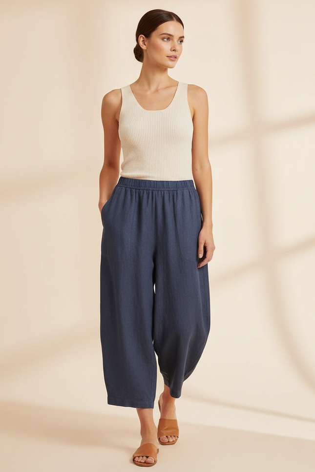 Pantalon Baggy Bleu Marine Ample Lin Décontracté