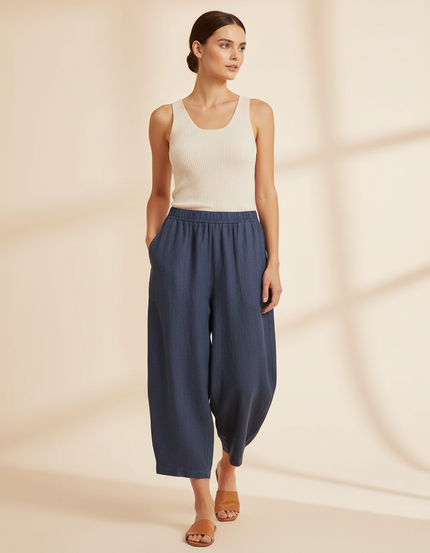 Pantalon Baggy Bleu Marine Ample Lin Décontracté