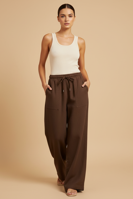 Pantalon Baggy Marron Ample Décontracté Cordon Fluide - Molleton