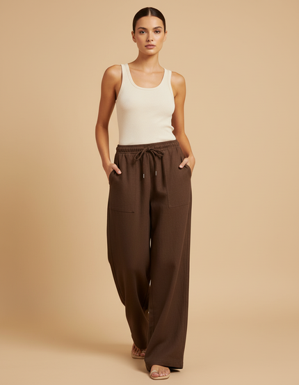 Pantalon Baggy Marron Ample Décontracté Cordon Fluide - Molleton