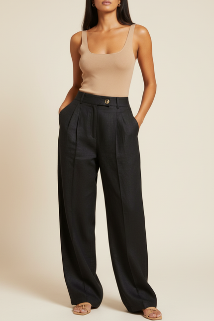 Pantalon Baggy Noir Lin Plissé Large Élégant
