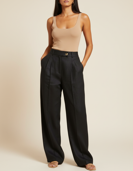 Pantalon Baggy Noir Lin Plissé Large Élégant