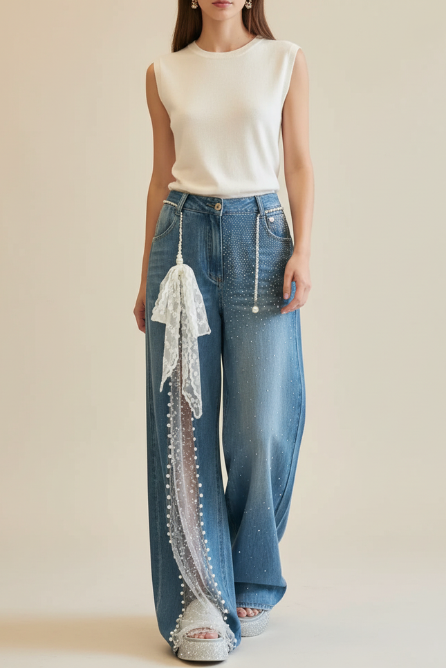 Pantalon Baggy Denim Large Perles Dentelle Y2K Élégant - Bleu Jean