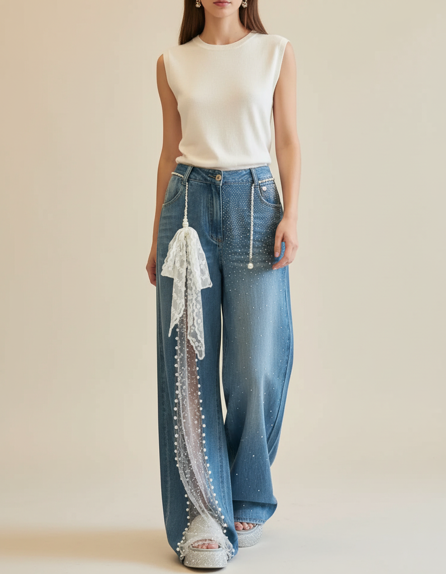 Pantalon Baggy Denim Large Perles Dentelle Y2K Élégant - Bleu Jean