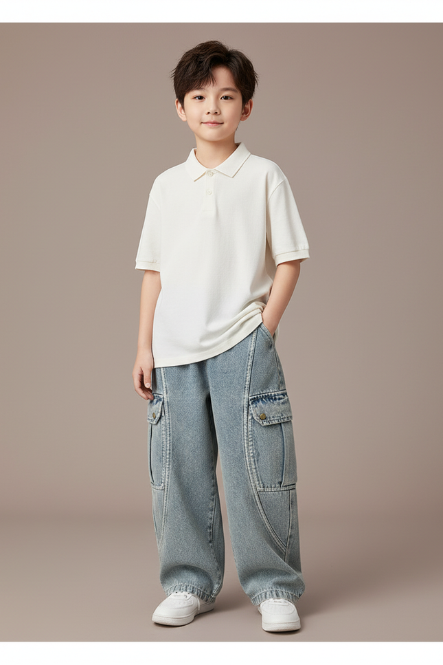 Pantalon Baggy Jean Clair Ample Cargo Garçon - Bleu
