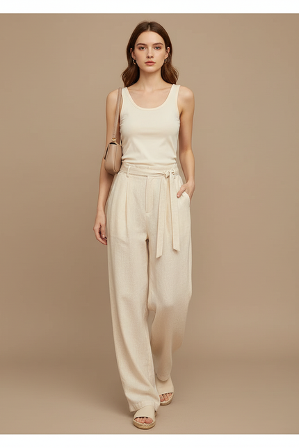 Pantalon Baggy Beige Lin Fluide Plissé Femme