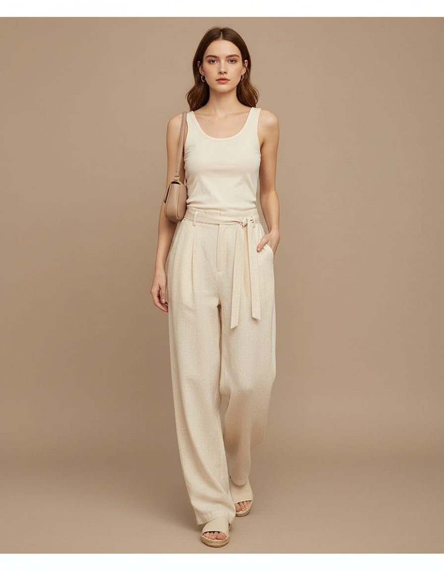 Pantalon Baggy Beige Lin Fluide Plissé Femme