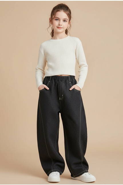 Pantalon Baggy Noir Denim Ample Couture Contraste Enfant - Jean