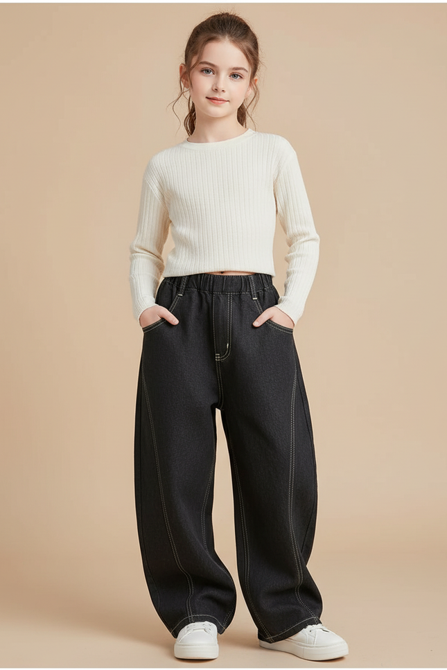 Pantalon Baggy Noir Denim Ample Couture Contraste Enfant - Jean
