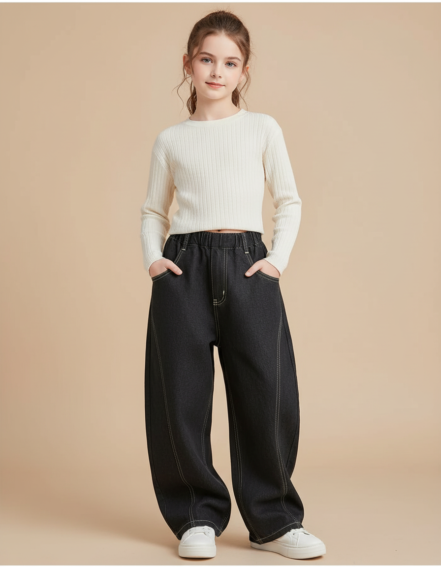 Pantalon Baggy Noir Denim Ample Couture Contraste Enfant - Jean