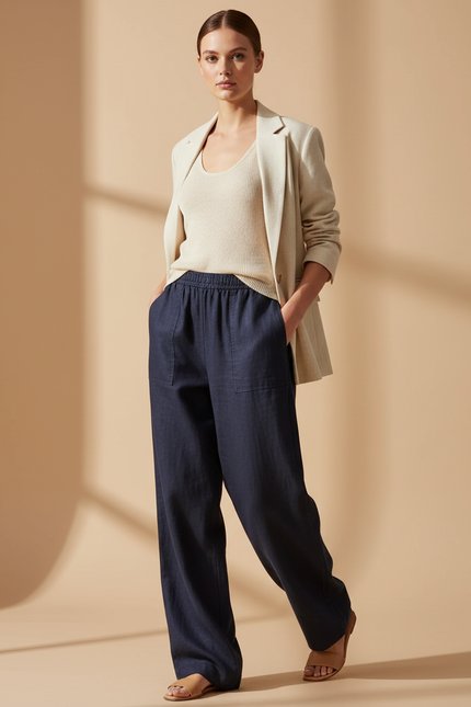 Pantalon Baggy Bleu Marine Ample Décontracté Lin Élastiqué