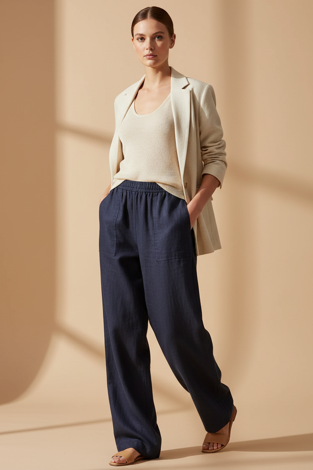 Pantalon Baggy Bleu Marine Ample Décontracté Lin Élastiqué