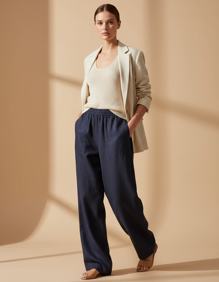 Pantalon Baggy Bleu Marine Ample Décontracté Lin Élastiqué