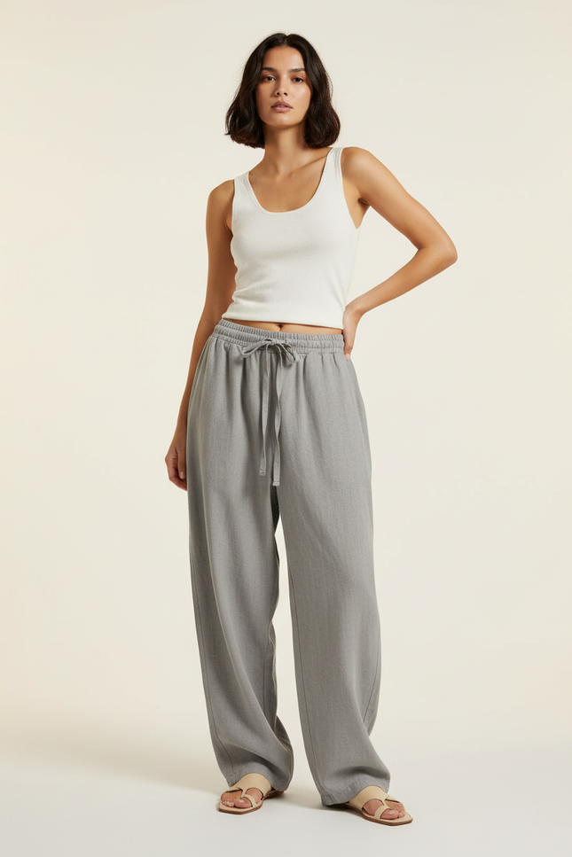 Pantalon Baggy Gris Fluide Décontracté Cordon Femme - Lin