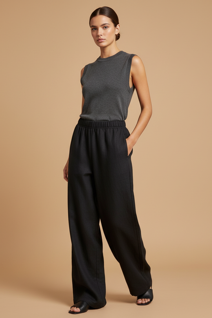 Pantalon Baggy Femme Noir Taille Élastique - Lin