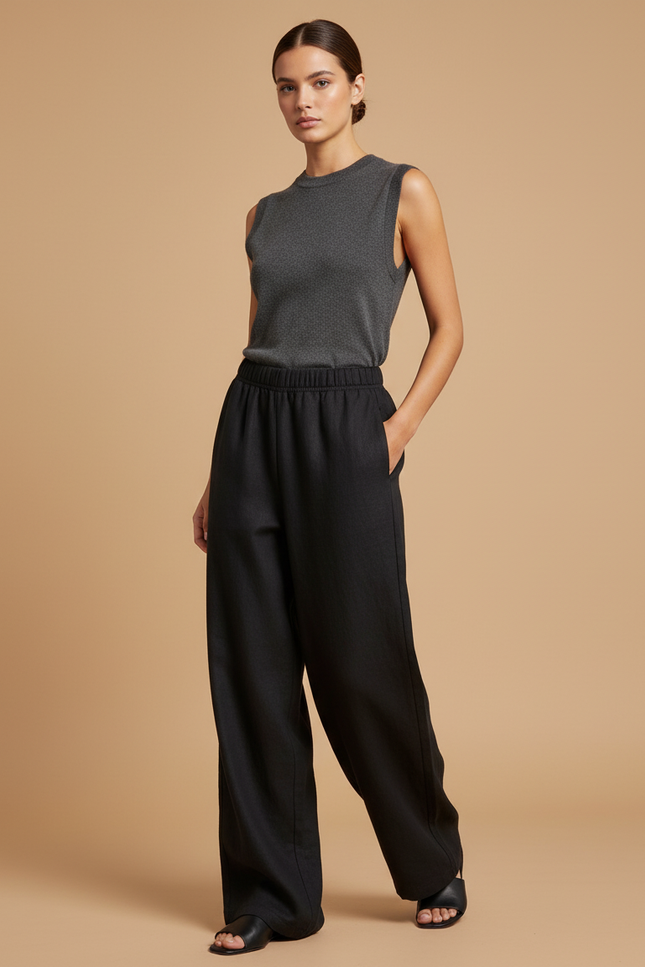 Pantalon Baggy Femme Noir Taille Élastique - Lin