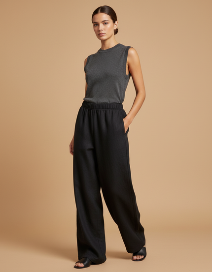 Pantalon Baggy Femme Noir Taille Élastique - Lin