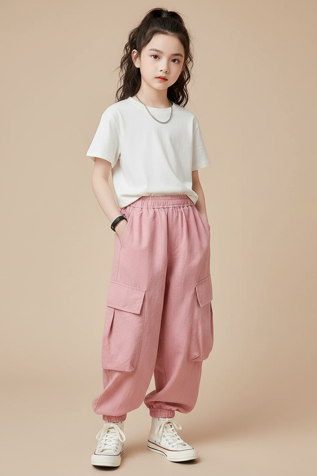 Pantalon Baggy Rose Cargo Décontracté Ample Enfant - Coton