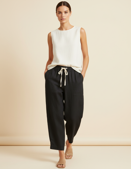 Pantalon Baggy Noir Lin Ample Cordon Fluide