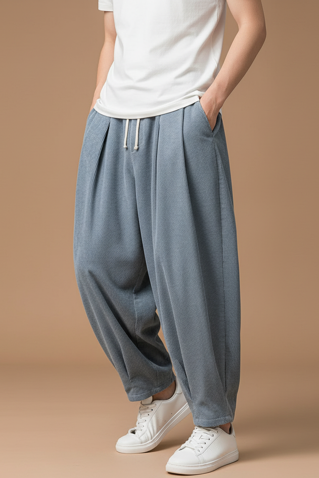 Pantalon Baggy Bleu Côtelé Plissé Ample Décontracté Homme - Cordé