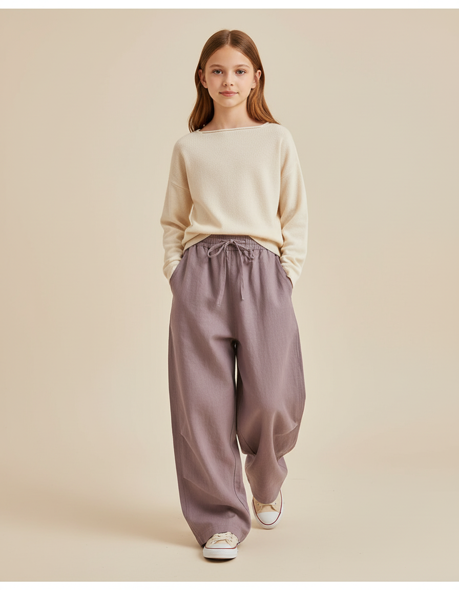 Pantalon Baggy Mauve Ample Lin Cordon Fille - Violet