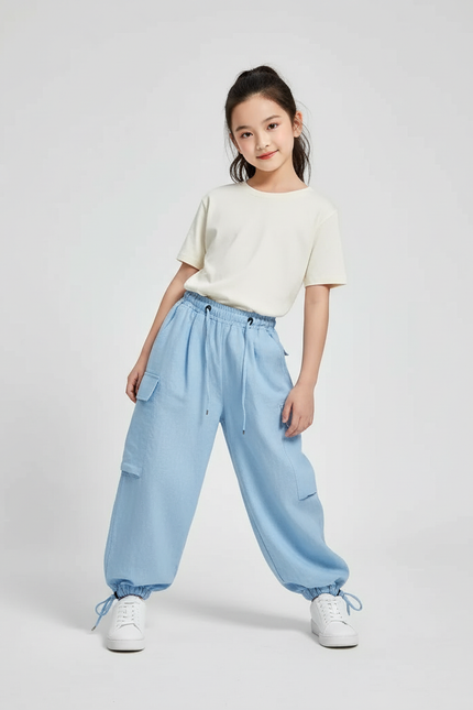 Pantalon Baggy Bleu Clair Cargo Ample Coton Enfant