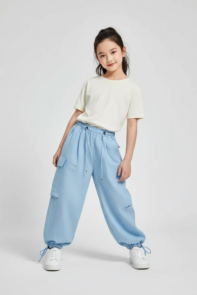 Pantalon Baggy Bleu Clair Cargo Ample Coton Enfant