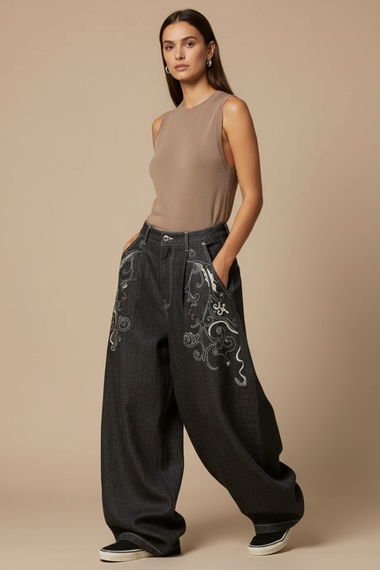 Pantalon Baggy Noir Brodé Ample Denim Femme - Jean