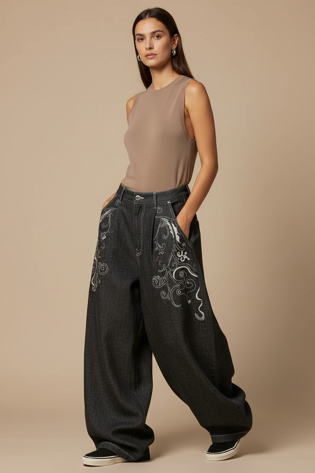 Pantalon Baggy Noir Brodé Ample Denim Femme - Jean