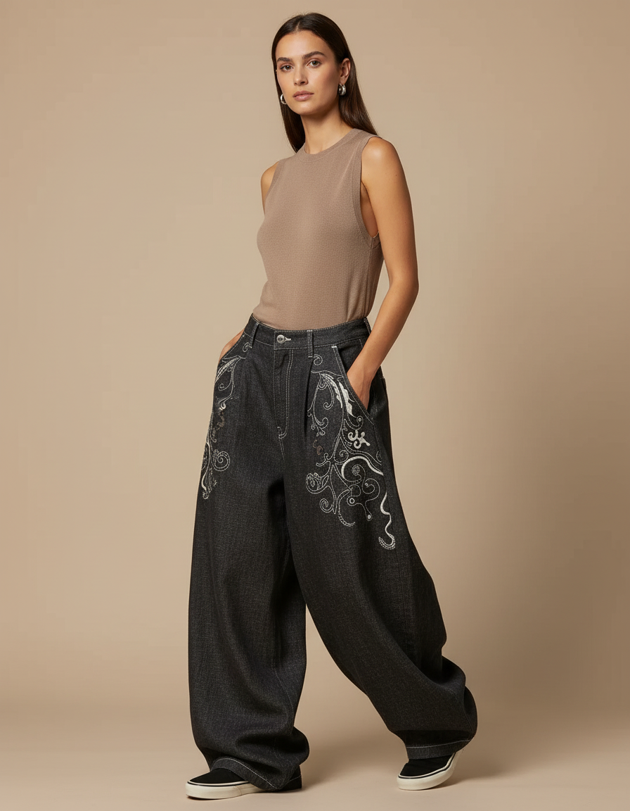 Pantalon Baggy Noir Brodé Ample Denim Femme - Jean