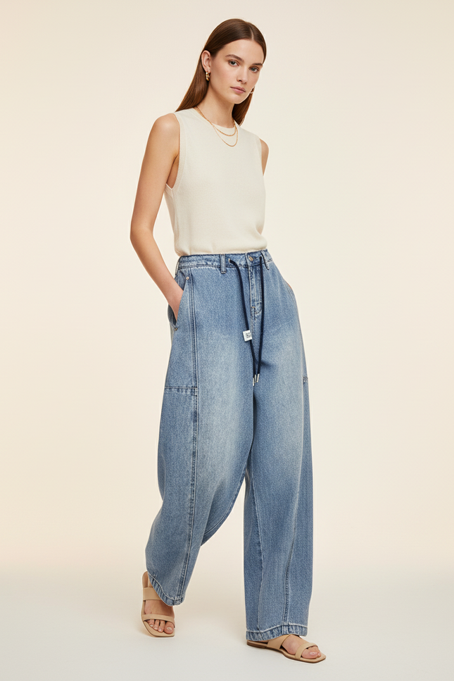 Pantalon Baggy Jean Bleu Délavé Ample Décontracté Cordon