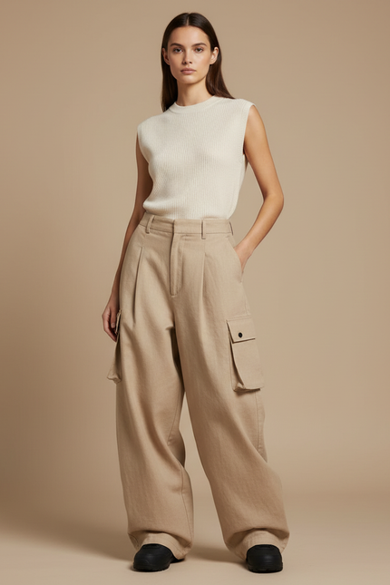 Pantalon Baggy Beige Cargo Ample Coton Décontracté Femme