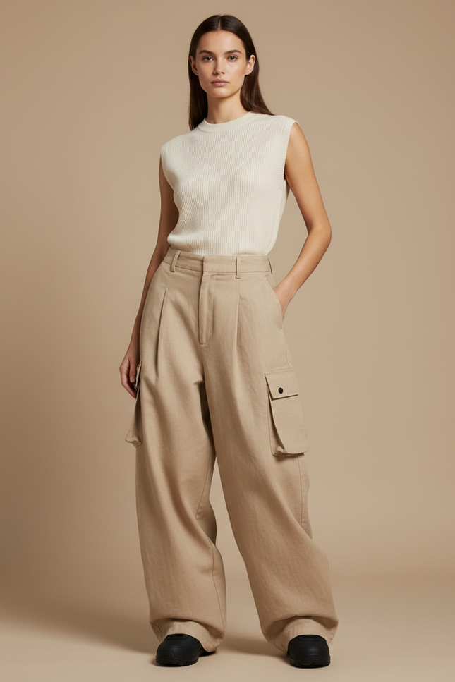 Pantalon Baggy Beige Cargo Ample Coton Décontracté Femme
