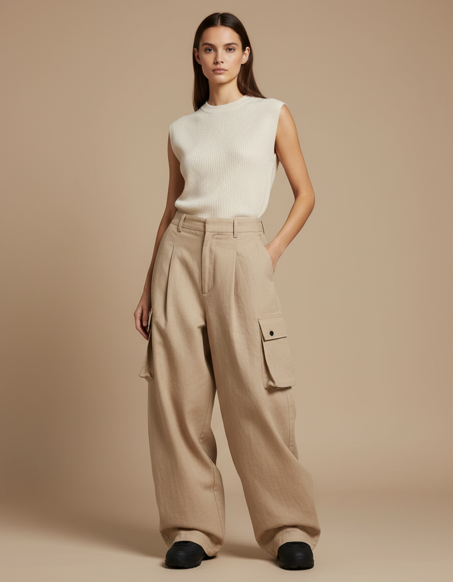 Pantalon Baggy Beige Cargo Ample Coton Décontracté Femme
