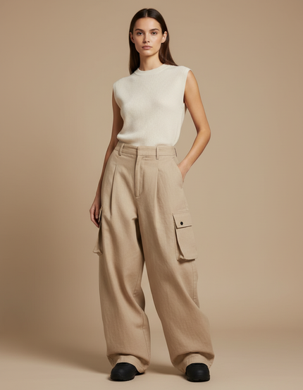 Pantalon Baggy Beige Cargo Ample Coton Décontracté Femme