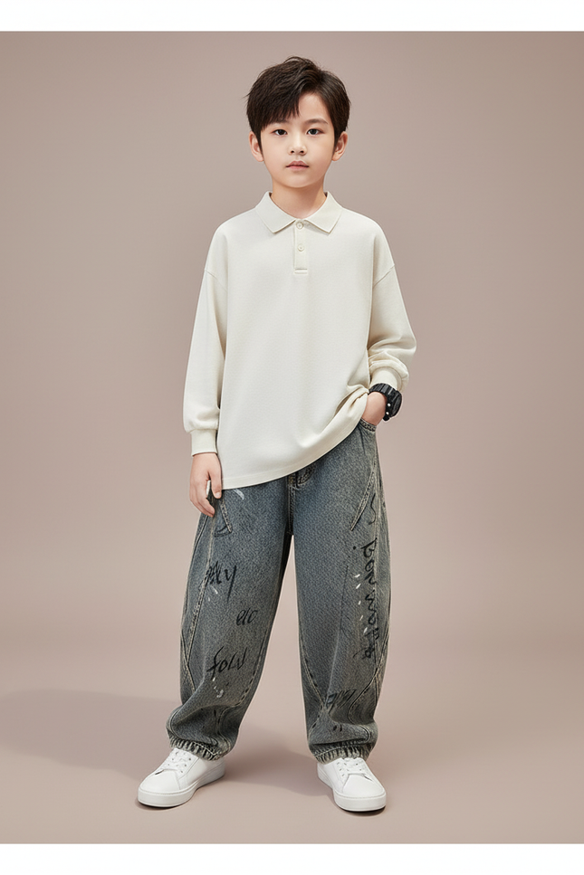 Pantalon Baggy Jean Gris Ample Imprimé Garçon