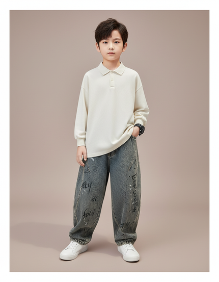 Pantalon Baggy Jean Gris Ample Imprimé Garçon