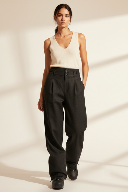Pantalon Baggy Noir Ample Taille Haute Plissé Moderne - Tweed