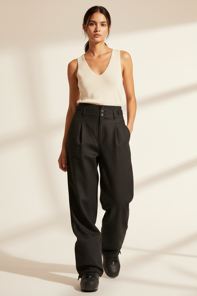 Pantalon Baggy Noir Ample Taille Haute Plissé Moderne - Tweed