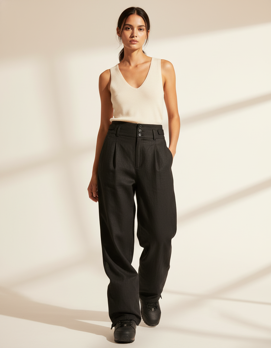Pantalon Baggy Noir Ample Taille Haute Plissé Moderne - Tweed