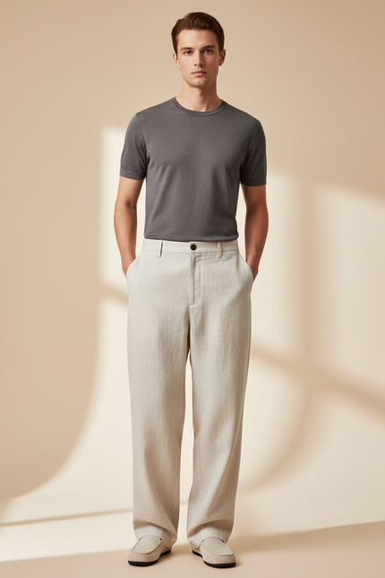 Pantalon Baggy Beige Ample Lin Décontracté Homme