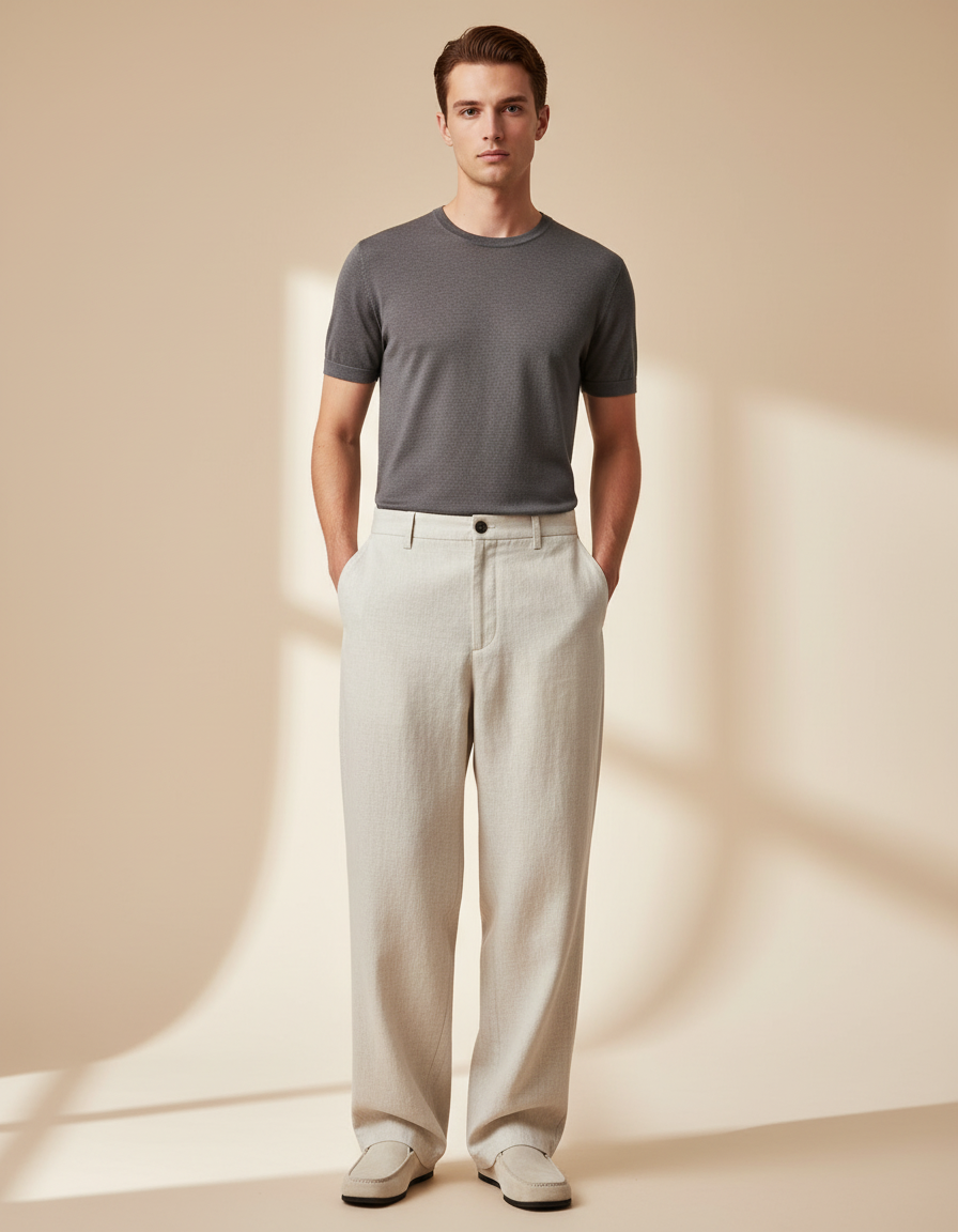 Pantalon Baggy Beige Ample Lin Décontracté Homme