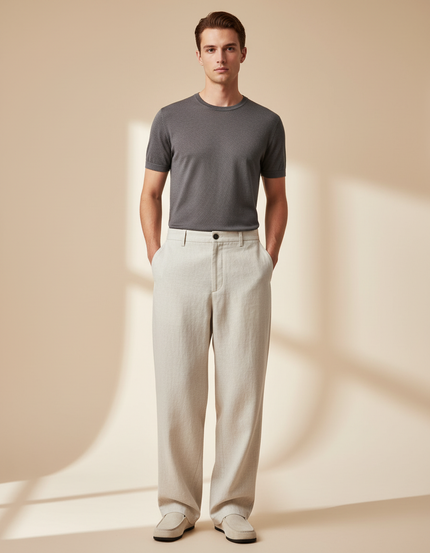 Pantalon Baggy Beige Ample Lin Décontracté Homme