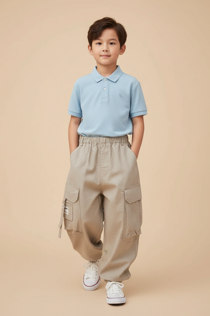 Pantalon Baggy Cargo Beige Ample Décontracté Garçon - Toile