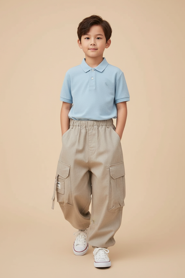 Pantalon Baggy Cargo Beige Ample Décontracté Garçon - Toile