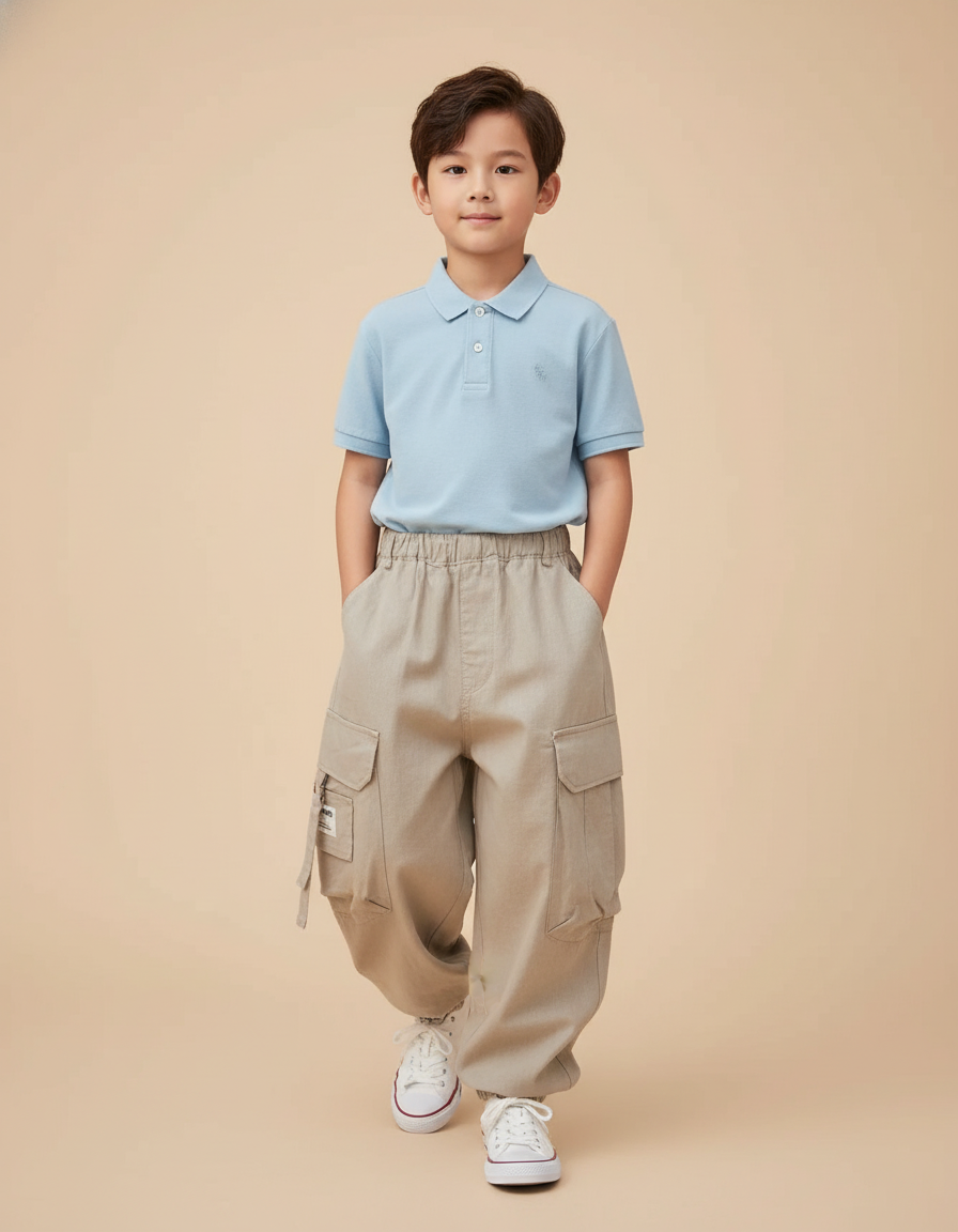 Pantalon Baggy Cargo Beige Ample Décontracté Garçon - Toile