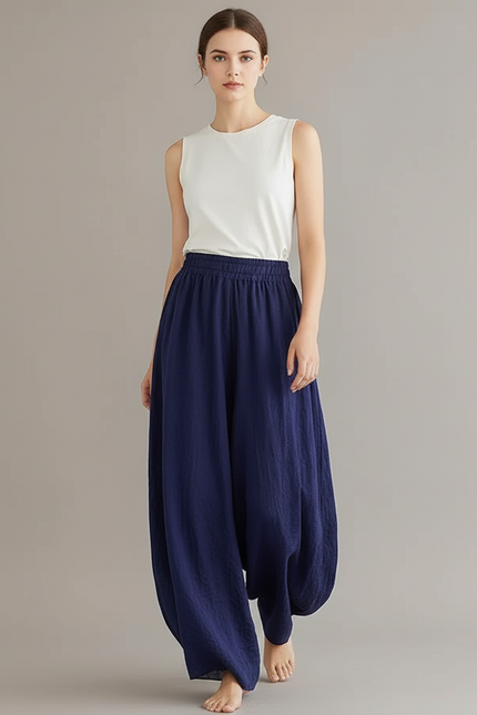 Pantalon Baggy Bleu Marine Ample Coton Lin Fluide