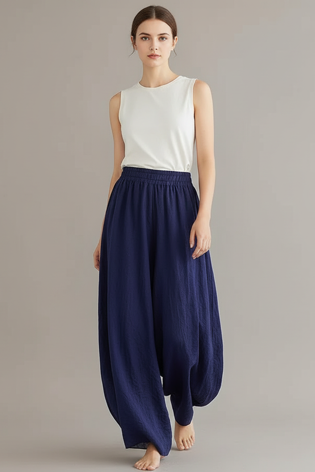Pantalon Baggy Bleu Marine Ample Coton Lin Fluide