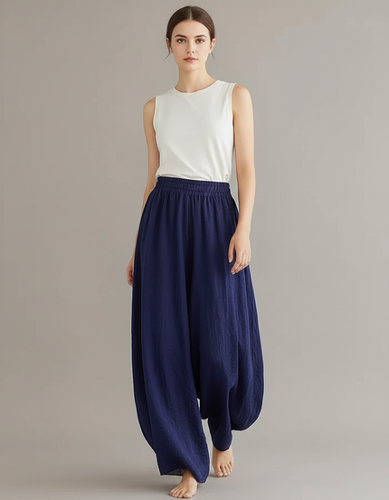 Pantalon Baggy Bleu Marine Ample Coton Lin Fluide